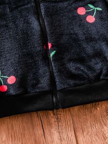 Elladie kids 女童可愛櫻桃印花毛茸茸抓絨夾克 黑色休閒拉鍊立領飛行夾克外套 秋冬甜美保暖柔軟舒適外穿服飾 - 黑色 - 查看 5
