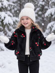 Elladie kids 女童可愛櫻桃印花毛茸茸抓絨夾克 黑色休閒拉鍊立領飛行夾克外套 秋冬甜美保暖柔軟舒適外穿服飾 - 黑色 - 查看 4