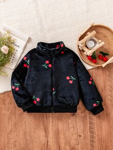 Elladie kids 女童可愛櫻桃印花毛茸茸抓絨夾克 黑色休閒拉鍊立領飛行夾克外套 秋冬甜美保暖柔軟舒適外穿服飾 - 黑色 - 查看 7