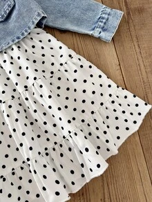 SHEIN 2件組女童洋裝復古可愛親子套裝 水洗短領夾克 水藍色黑白波點 開學拍照洗禮禮服 - 藍色 - 查看 11