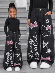 Girls Casual Fashionable Digital Print Pattern Woven Fabric Loose Fit Pants, Comfortable For Autumn Daily Commute, Outdoor Play, Photo Shoot - Black - View 2