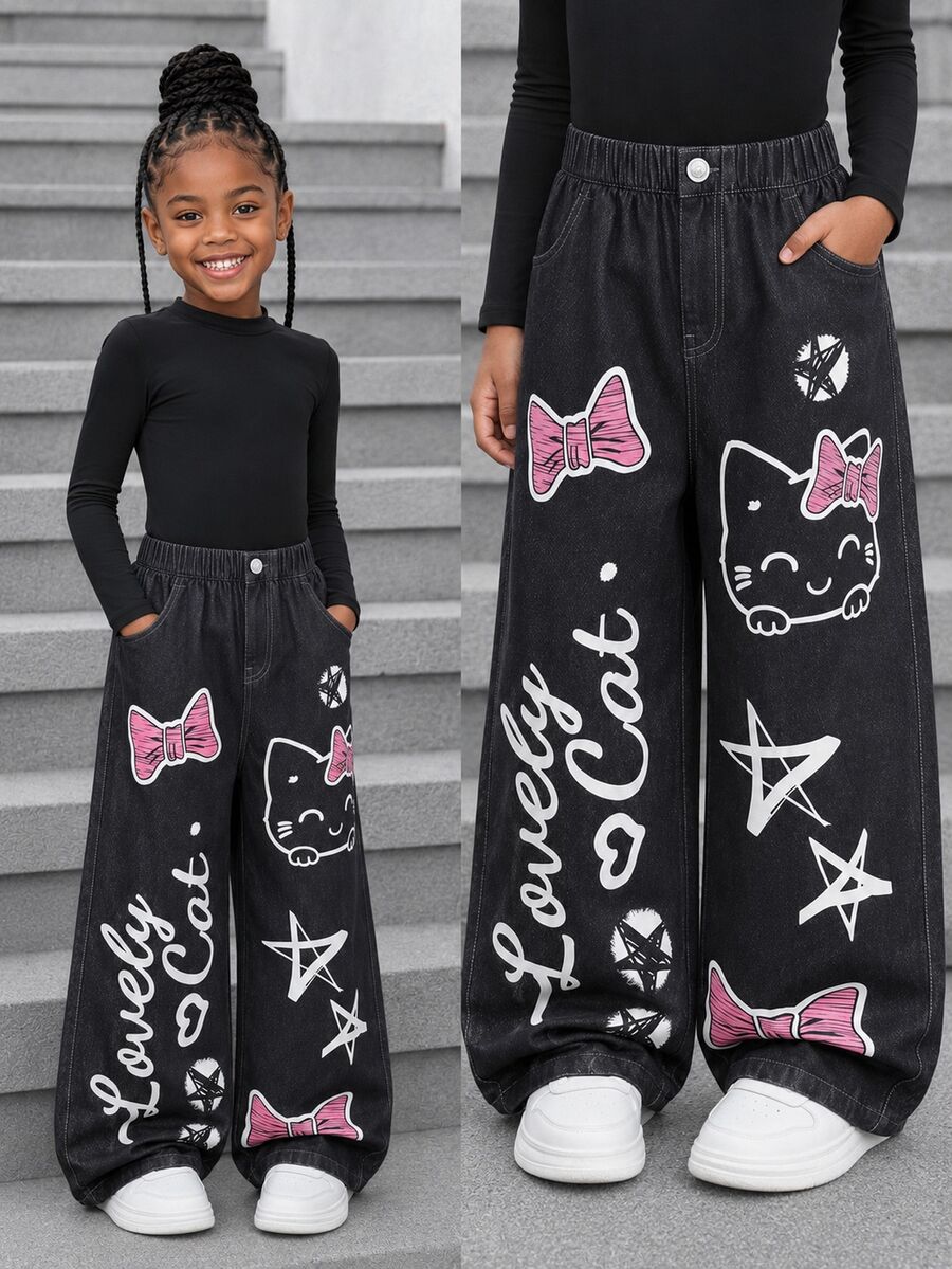 Girls Casual Fashionable Digital Print Pattern Woven Fabric Loose Fit Pants, Comfortable For Autumn Daily Commute, Outdoor Play, Photo Shoot
