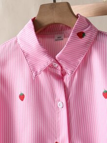 SHEIN 1件少女翻领长袖开衫，条纹衬衫，正面绣花图案，秋季休闲上衣 - 粉色 - 查看 8