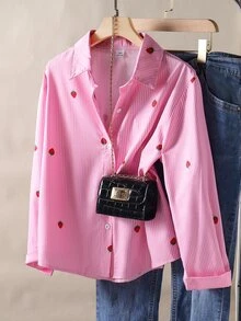 SHEIN 1件少女翻领长袖开衫，条纹衬衫，正面绣花图案，秋季休闲上衣 - 粉色 - 查看 5