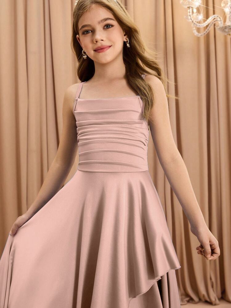 Tween Girl' Elegant Dusty Rose Summer Flowergirl Dress Satin Spaghetti Strap Criss-Cross High Waist Flared Asymmetric Hem Graduation Party Wedding - Pink - View 8