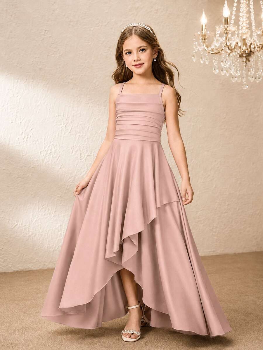 Tween Girl' 優雅灰粉色夏季花童禮服，緞面細肩帶交叉設計，高腰喇叭裙擺不對稱下擺，伴娘婚禮禮服