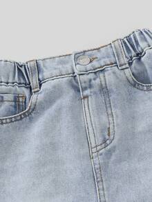 Elladie kids Denimly 嬰兒藍少女休閒都市學院風丹寧 A 字中長裙 日常彈性腰帶前開扣校園春季款 - 淺色水洗藍 - 查看 7