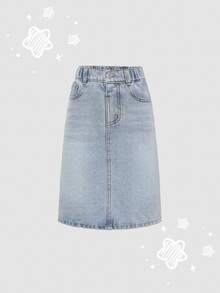 Elladie kids Denimly 嬰兒藍少女休閒都市學院風丹寧 A 字中長裙 日常彈性腰帶前開扣校園春季款 - 淺色水洗藍 - 查看 4