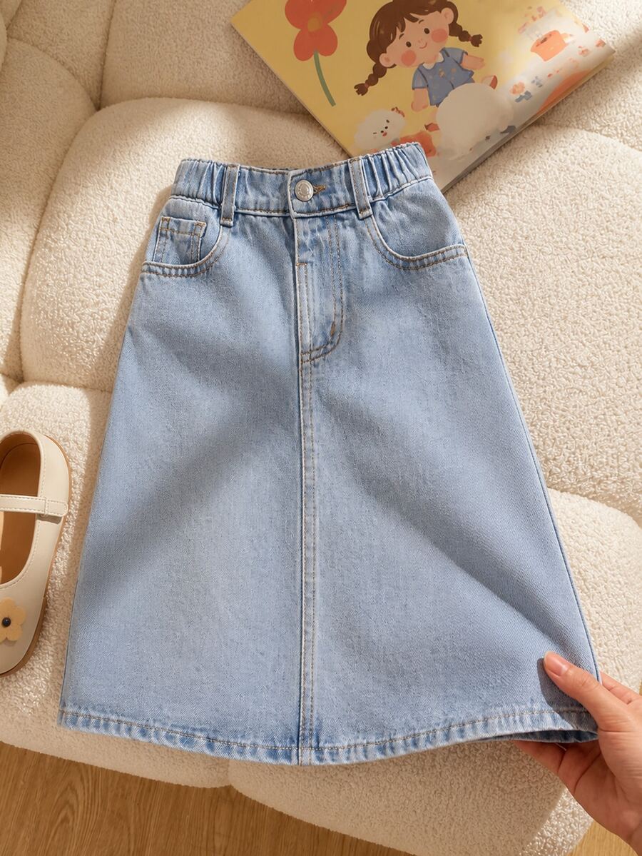 Elladie kids Denimly 嬰兒藍少女休閒都市學院風丹寧 A 字中長裙 日常彈性腰帶前開扣校園春季款