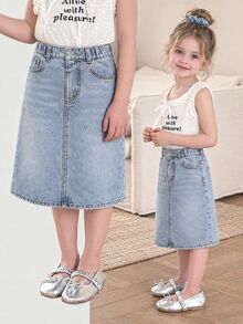 Elladie kids Denimly 嬰兒藍少女休閒都市學院風丹寧 A 字中長裙 日常彈性腰帶前開扣校園春季款 - 淺色水洗藍 - 查看 3