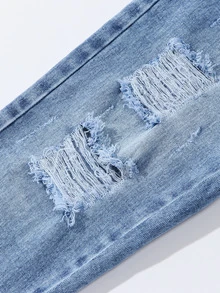 SHEIN Explorewe بنطلون جينز أزرق فاتح مستقيم الساق فضفاض ومريح ممزق بتأثير قديم بأسلوب كاوبوي الشارع للأولاد الصغار، مناسب للشتاء والعطلات - أزرق فاتح - مشاهدة 6