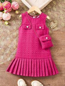 SHEIN Elladie kids 女童時尚純色無袖百褶下擺粗花呢洋裝 秋季 - 玫紅色 - 查看 4