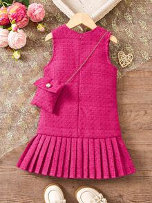 SHEIN Elladie kids 女童時尚純色無袖百褶下擺粗花呢洋裝 秋季 - 玫紅色 - 查看 3