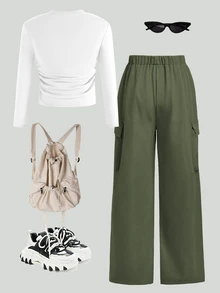 2pcs/Set Girls Green Bow Print Long Sleeve Top And Straight Leg Cargo Pants Set, Street Style, Suitable For Autumn/Winter - Green - View 2