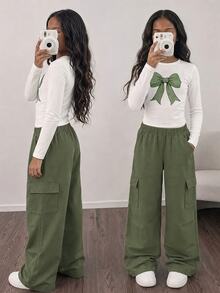 2pcs/Set Girls Green Bow Print Long Sleeve Top And Straight Leg Cargo Pants Set, Street Style, Suitable For Autumn/Winter - Green - View 1