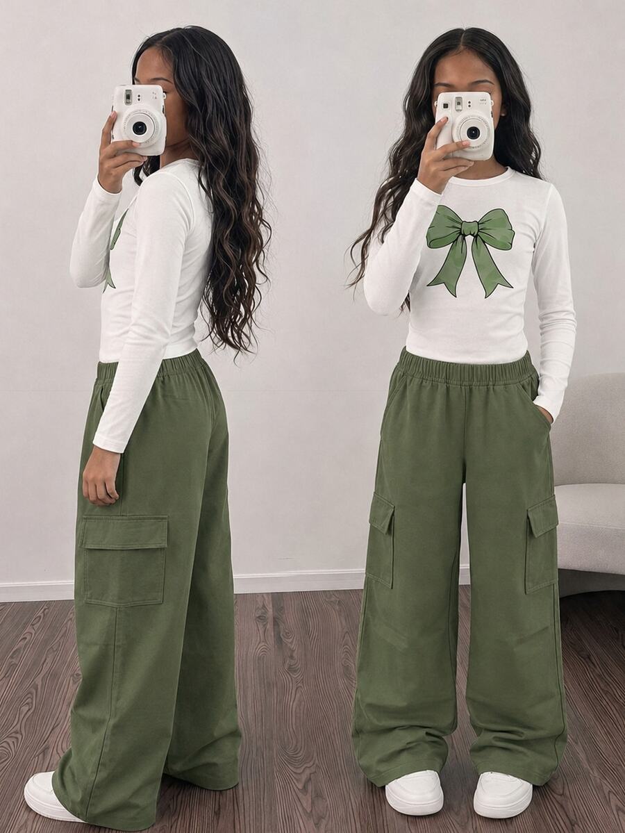 2pcs/Set Girls Green Bow Print Long Sleeve Top And Straight Leg Cargo Pants Set, Street Style, Suitable For Autumn/Winter - Green - View 1