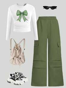 2pcs/Set Girls Green Bow Print Long Sleeve Top And Straight Leg Cargo Pants Set, Street Style, Suitable For Autumn/Winter - Green - View 4