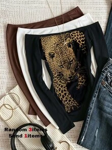 SHEIN Sparklyn Tween Girls Fall Tops Yellow Leopard Print Cold Shoulder One-Shoulder Fitted Long Sleeve Versatile Top T-Shirt, Street Retro Style - Black - View 1