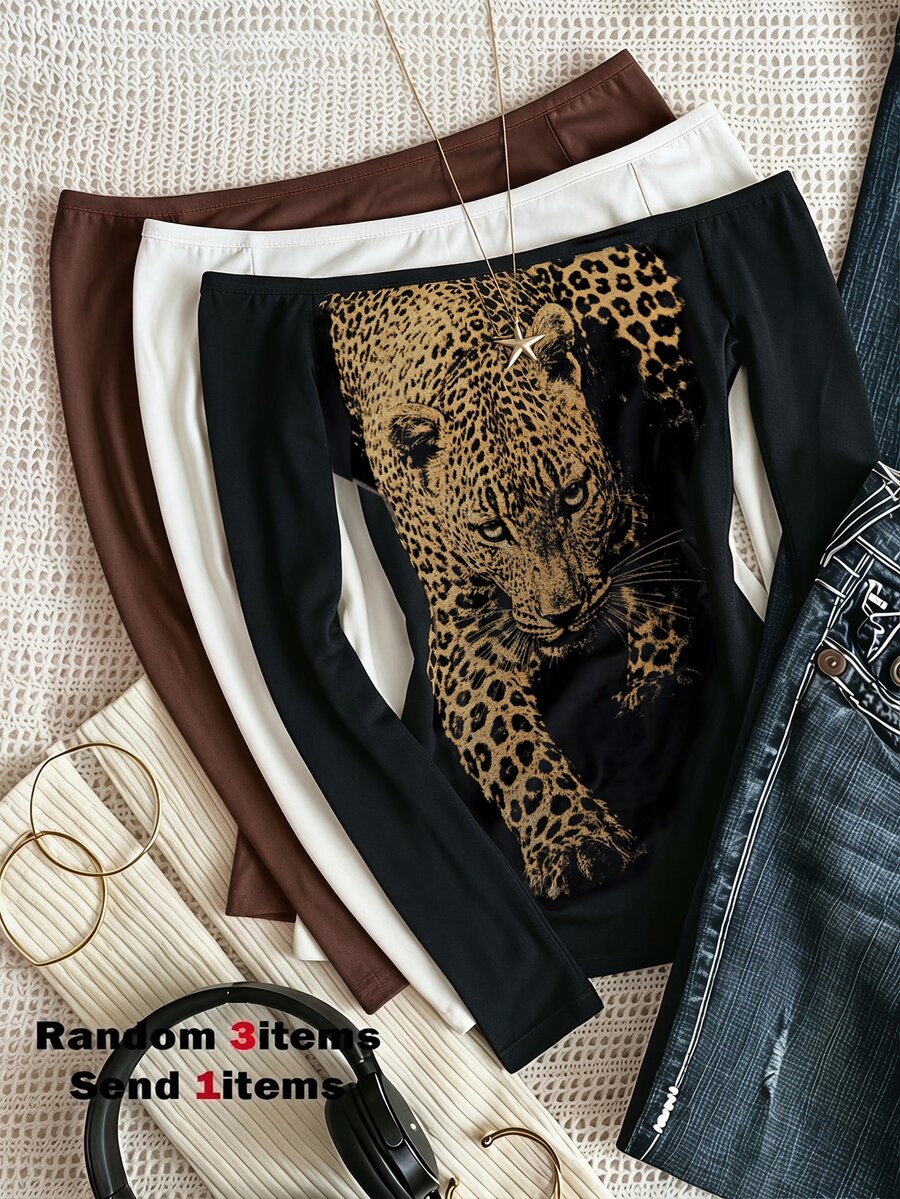 SHEIN Sparklyn Tween Girls Fall Tops Yellow Leopard Print Cold Shoulder One-Shoulder Fitted Long Sleeve Versatile Top T-Shirt, Street Retro Style - Black - View 1