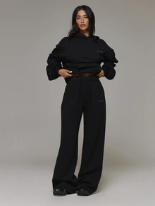 Musera Sport Logo Toggle Front Drawstring Waist Wide Leg Sweat Pants Joggers Coord Bottoms Only Sport Essentials Basics Gym Workout Fall Winter - Black - View 2