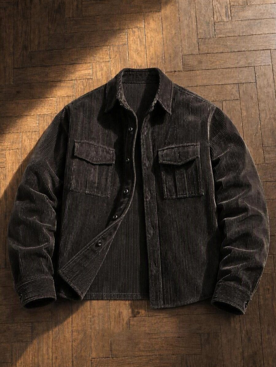 AKNOTIC Men's Casual Versatile Long Sleeve Shirt, Autumn, Homme, Corduroy - Black - View 1