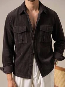 AKNOTIC Kemeja Lengan Panjang Kasual Serbaguna Pria, Musim Gugur, Homme, Corduroy - Hitam - View 3
