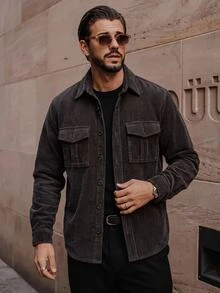AKNOTIC Kemeja Lengan Panjang Kasual Serbaguna Pria, Musim Gugur, Homme, Corduroy - Hitam - View 9