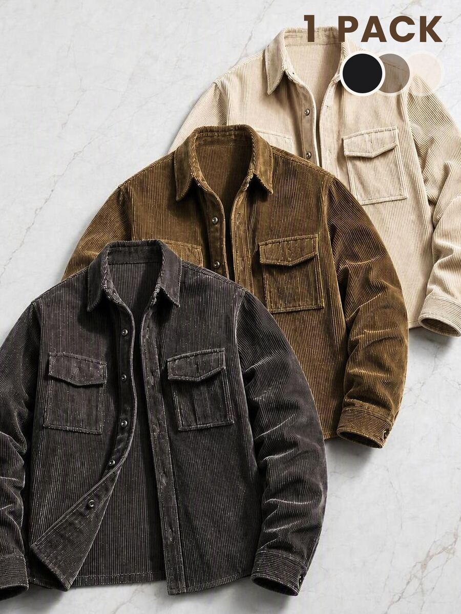 AKNOTIC Kemeja Lengan Panjang Kasual Serbaguna Pria, Musim Gugur, Homme, Corduroy - Hitam - View 1