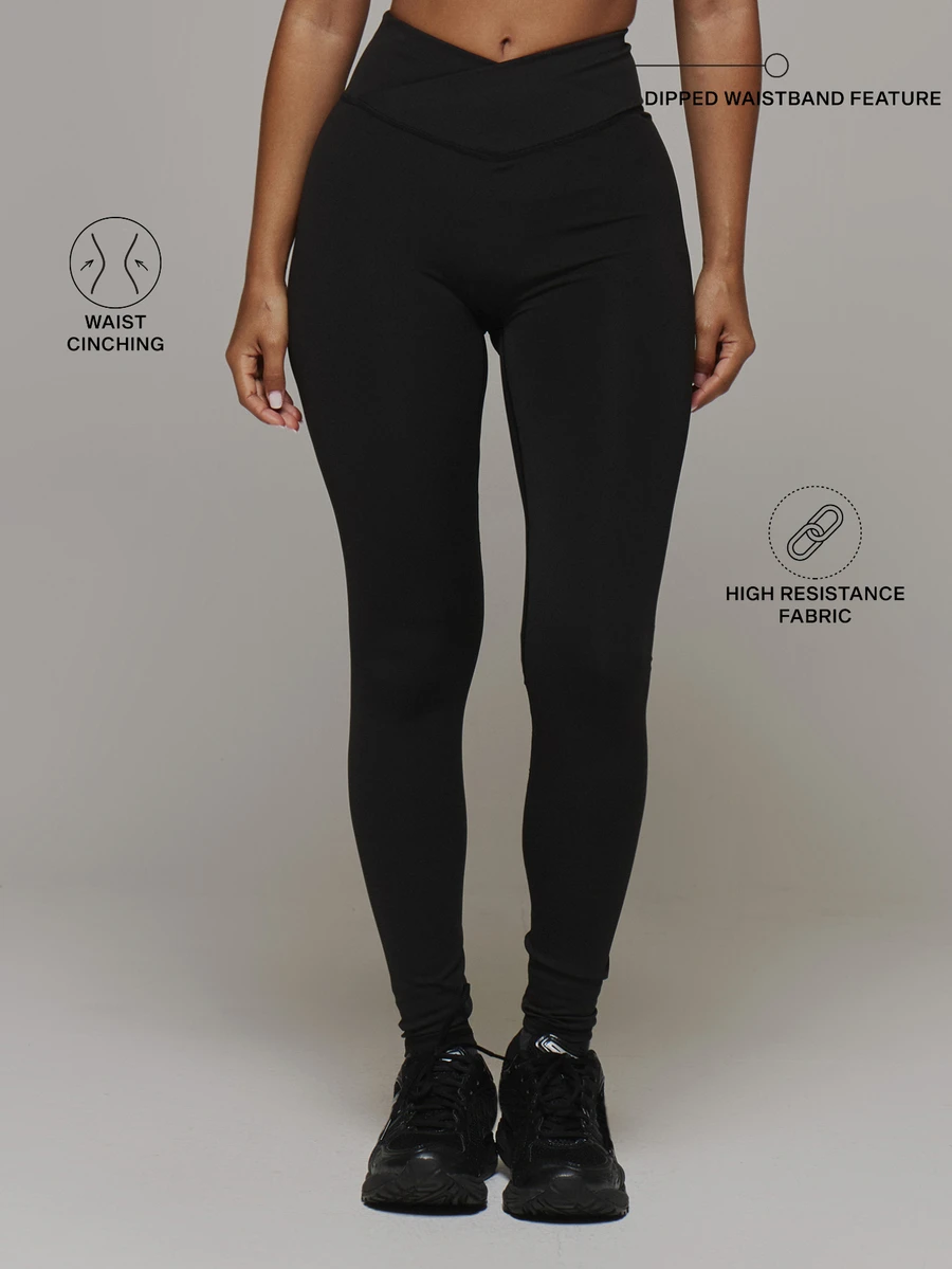 Musera Sport V Dipped Cross Over Front High Waist Fitted Logo Back Detail Active Leggings Sport Essentials Gym Workout Basics Autumn Fall Winter - Black - View 1