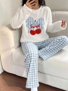 Girls Pajamas, Big Tween Girl Autumn/Winter Daily Casual Elegant Homewear Long Sleeve Long Pants Bow Cherry Embroidery Pattern And All-Over Small Heart Pattern Fleece Set - Multicolor - View 1