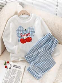 Girls Pajamas, Big Tween Girl Autumn/Winter Daily Casual Elegant Homewear Long Sleeve Long Pants Bow Cherry Embroidery Pattern And All-Over Small Heart Pattern Fleece Set - Multicolor - View 7