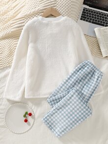Girls Pajamas, Big Tween Girl Autumn/Winter Daily Casual Elegant Homewear Long Sleeve Long Pants Bow Cherry Embroidery Pattern And All-Over Small Heart Pattern Fleece Set - Multicolor - View 3