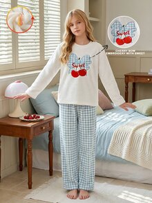 Girls Pajamas, Big Tween Girl Autumn/Winter Daily Casual Elegant Homewear Long Sleeve Long Pants Bow Cherry Embroidery Pattern And All-Over Small Heart Pattern Fleece Set - Multicolor - View 8