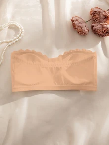 SHEIN 女款前扣式波浪邊聚攏胸型可拆式杯墊無肩帶內衣 - 卡其色 - 查看 7