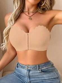 SHEIN 女款前扣式波浪邊聚攏胸型可拆式杯墊無肩帶內衣 - 卡其色 - 查看 5