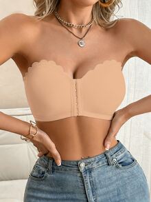 SHEIN 女款前扣式波浪邊聚攏胸型可拆式杯墊無肩帶內衣 - 卡其色 - 查看 3