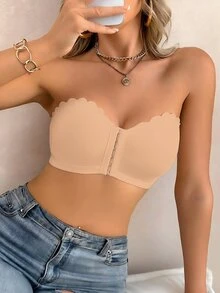 SHEIN 女款前扣式波浪邊聚攏胸型可拆式杯墊無肩帶內衣 - 卡其色 - 查看 4