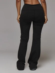 Musera Sport Fold Over Waist Fitted Flare Logo Back Active Leggings Sport Essentials Gym Workout Basics Autumn Fall Winter - Black - View 4