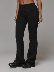 Musera Sport Fold Over Waist Fitted Flare Logo Back Active Leggings Sport Essentials Gym Workout Basics Autumn Fall Winter - Black - View 3