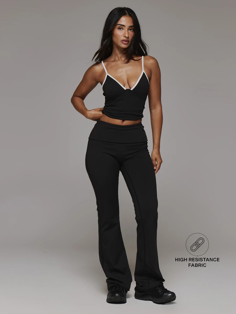 Musera Sport Fold Over Waist Fitted Flare Logo Back Active Leggings Sport Essentials Gym Workout Basics Autumn Fall Winter - Black - View 1
