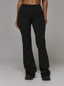 Musera Sport Fold Over Waist Fitted Flare Logo Back Active Leggings Sport Essentials Gym Workout Basics Autumn Fall Winter - Black - View 2