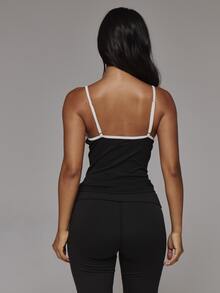 Musera Sport V Plunge Front Contrast Binding Strappy Logo Back Fitted Active Cami Top Sport Essentials Basics Gym Workout Autumn Fall Winter - Black - View 5