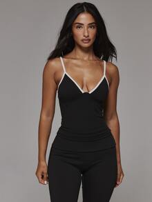 Musera Sport V Plunge Front Contrast Binding Strappy Logo Back Fitted Active Cami Top Sport Essentials Basics Gym Workout Autumn Fall Winter - Black - View 2