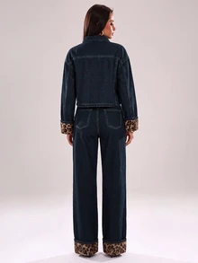 SHEIN BAE Set 2 Potong Jaket Manset Motif Macan Tutul Patchwork Kancing Tunggal dan Jeans untuk Wanita, Pakaian Musim Gugur dan Dingin, Pakaian Modis Liburan, Pesta - Biru - View 3