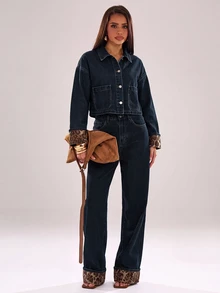 SHEIN BAE Set 2 Potong Jaket Manset Motif Macan Tutul Patchwork Kancing Tunggal dan Jeans untuk Wanita, Pakaian Musim Gugur dan Dingin, Pakaian Modis Liburan, Pesta - Biru - View 6