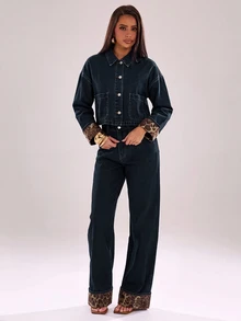 SHEIN BAE Set 2 Potong Jaket Manset Motif Macan Tutul Patchwork Kancing Tunggal dan Jeans untuk Wanita, Pakaian Musim Gugur dan Dingin, Pakaian Modis Liburan, Pesta - Biru - View 7