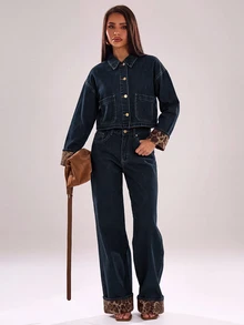 SHEIN BAE Set 2 Potong Jaket Manset Motif Macan Tutul Patchwork Kancing Tunggal dan Jeans untuk Wanita, Pakaian Musim Gugur dan Dingin, Pakaian Modis Liburan, Pesta - Biru - View 4