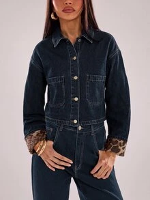 SHEIN BAE Set 2 Potong Jaket Manset Motif Macan Tutul Patchwork Kancing Tunggal dan Jeans untuk Wanita, Pakaian Musim Gugur dan Dingin, Pakaian Modis Liburan, Pesta - Biru - View 5