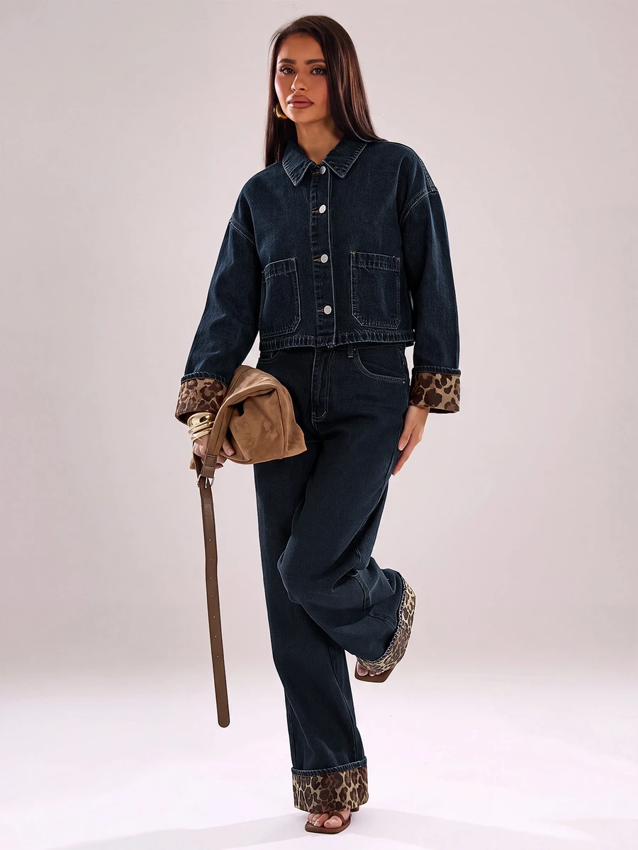 SHEIN BAE Set 2 Potong Jaket Manset Motif Macan Tutul Patchwork Kancing Tunggal dan Jeans untuk Wanita, Pakaian Musim Gugur dan Dingin, Pakaian Modis Liburan, Pesta
