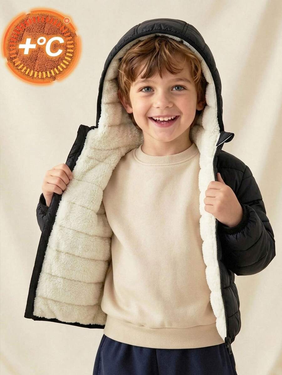 Bubblio Kids 1pc Young Boys Casual Versatile Comfortable Loose Practical Solid Color Zip-Up Hooded Winter Jacket